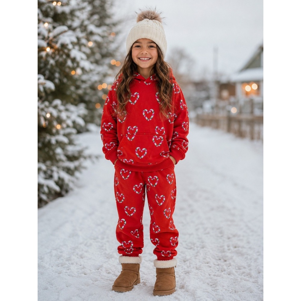 CABANA BY CROWN & IVY GIRLS RED CANDY CANE HEART PANTS Size S & HOODIE Size M